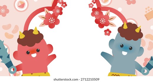 Marco de Setsubun con ónix rojo, ónix azul, flores de ciruelo, frijoles y Ehomaki