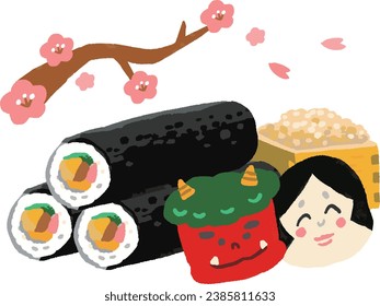 Setsubun illustration Demon and Fortune and Beans and Eho-maki and Plum