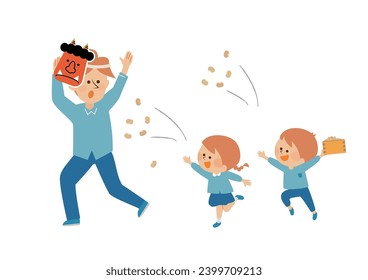 Setsubun, illustration material of a family throwing beans