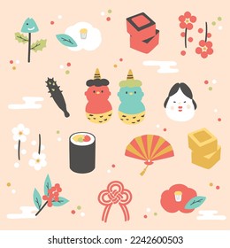 Setsubun illustrations. Setsubun:Japanese traditional event on February 3. People throw soy-beans at devil.