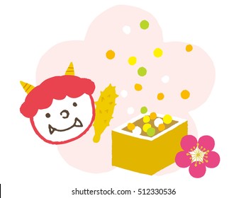 Setsubun illustrations. Setsubun:Japanese traditional event on February 3. People throw soy-beans at devil.
