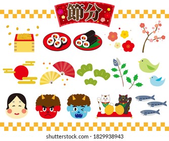 Setsubun means japanese traditional event,holiday for end of winter in Japan . Set of frames, icons and vector illustrations . 