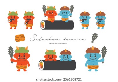 Setsubun red and blue demon illustration set