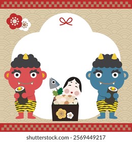 Setsubun Red and blue ogres with Ehomaki (rice rolls) Square frame