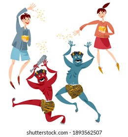 Setsubun (seasonal division). The day before the beginning of spring in the old calendar in Japan. Children throw soybeans to drive away the blue and red demons. Vector illustration