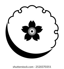 Setsugetsuka: A vector icon illustration of a Japanese family crest combining a snow wheel, crescent moon, and sakura motif.