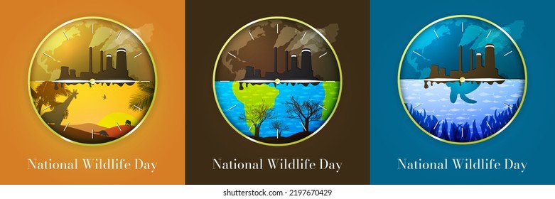 Sett National Wildlife Day Creative Artworks, time is ticking, wildlife preservation concept. Paper art of different animals in their habitats but with threat of pollution. Vector Art. EPS 10.
