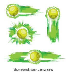 Sett of tennis balls with different grunge frames isolated on white background