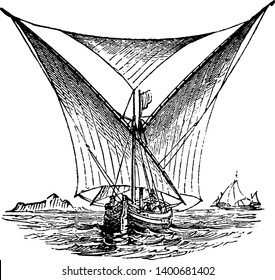 Settee is a vessel with one deck and a very long sharp prow carrying two or three masts with lateen sails, vintage line drawing or engraving illustration.