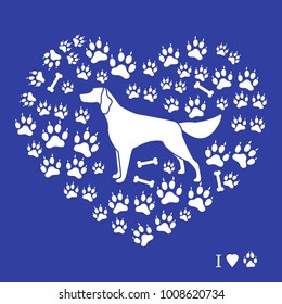 Setter silhouette on background of dog tracks and bones in the form of heart. Design element for postcard, banner, poster or print.