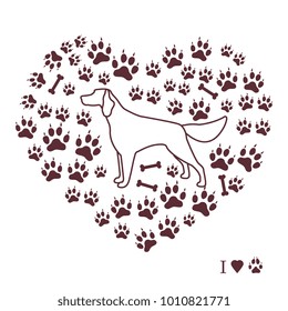 Setter silhouette on background of dog tracks and bones in the form of heart. Design element for postcard, banner, poster or print.