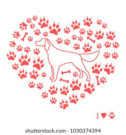 Setter silhouette on background of dog tracks and bones in the form of heart. Design element for postcard, banner, poster or print.