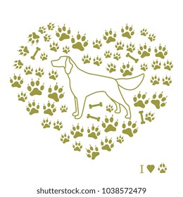 Setter silhouette on background of dog tracks and bones in the form of heart. Design element for postcard, banner, poster or print.