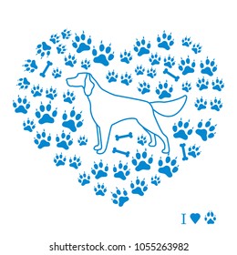Setter silhouette on background of dog tracks and bones in the form of heart. Design element for postcard, banner, poster or print.
