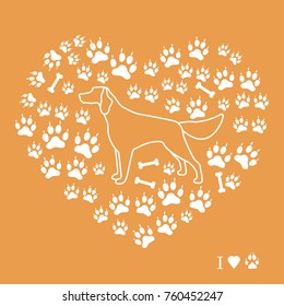 Setter silhouette on background of dog tracks and bones in the form of heart. Design element for postcard, banner, poster or print.