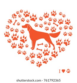 Setter silhouette on background of dog tracks and bones in the form of heart. Design element for postcard, banner, poster or print.