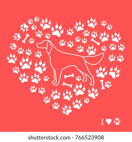 Setter silhouette on background of dog tracks and bones in the form of heart. Design element for postcard, banner, poster or print.