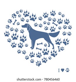 Setter silhouette on background of dog tracks and bones in the form of heart. Design element for postcard, banner, poster or print.