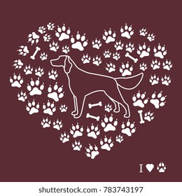 Setter silhouette on background of dog tracks and bones in the form of heart. Design element for postcard, banner, poster or print.