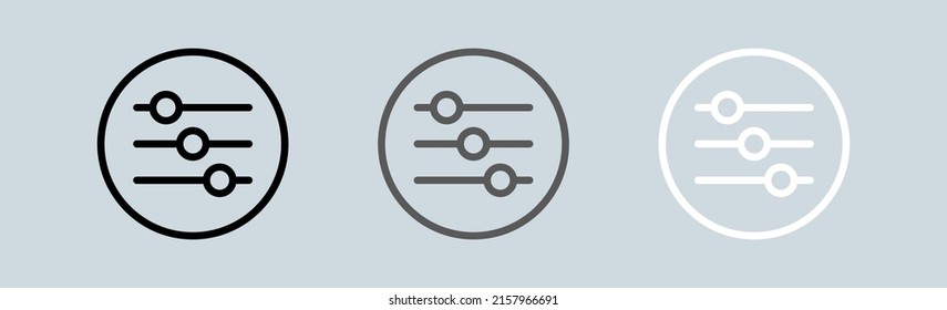 Setting adjustment circle icon set in black and white colors. Setting panel or preference slider icon.
