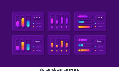 Setting adjustments UI elements kit. Check progress. Option control isolated vector icon, bar and dashboard template. Web design widget collection for mobile application with dark theme interface