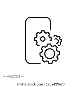 setting up applications on a mobile phone, icon, adjustment or maintenance app, download configuration and install on phone, thin line web symbol on white background - editable stroke vector
