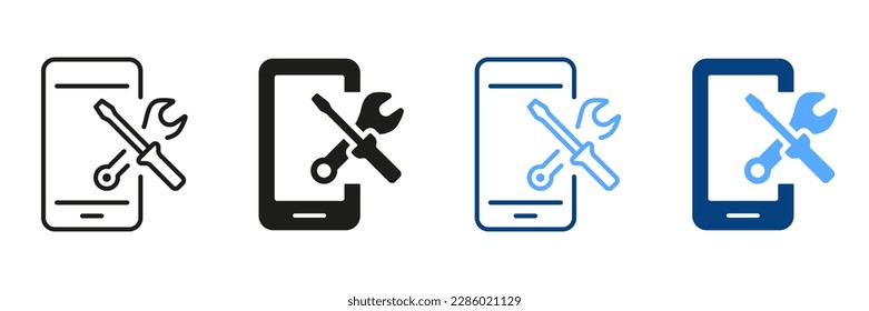 Setting Up Applications on Mobile Phone Symbol Collection. Smartphone Software Service Line Icon Set. Configuration and Technical Support of Cellphone Pictogram. Vector Isolated Illustration.