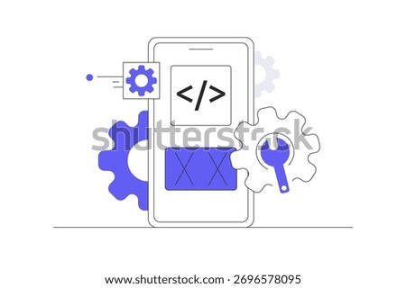 Setting up applications on a mobile phone, adjustment or maintenance app. Download configuration and install on phone. Flat Cartoon Vector Illustration, icon Stylish abstract design landing page web