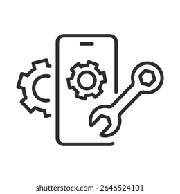 Setting up applications on phone. Linear vector illustration. Adjustment app for smartphone. Simple symbols. Download configuration and install on device. Updating software.