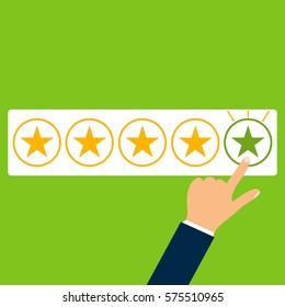 Setting assessment, rating, star, to expose the rating, five stars, the hand of man. Flat design, vector illustration, vector.