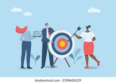 Setting attainable business goals, Business motivation for financial success, Business planning and company growth, Business team holding targets and arrows. Vector design illustration.