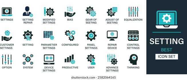 Setting best solid icon set collection. Modified settings, bias, gear, adjust, equalization, customer, option, system, user, thinking and icons set.