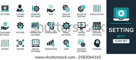 Setting best solid icon set collection. Modified settings, bias, gear, adjust, equalization, customer, option, system, user, thinking and icons set.