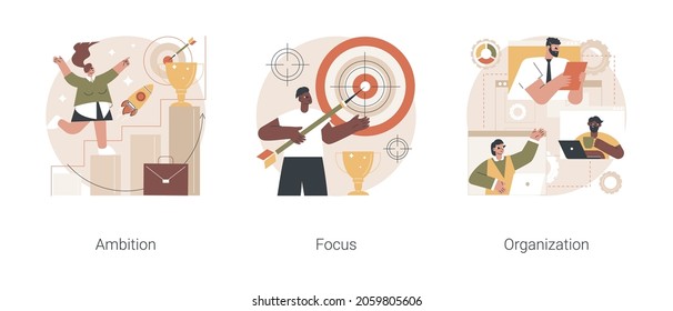 Setting Big Goal Abstract Concept Vector Illustration Set. Business Ambition, Focus On Success, Self-organization Ability, Training Personal Skill, Leadership, Making Fast Career Abstract Metaphor.