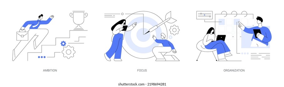 Setting big goal abstract concept vector illustration set. Business ambition, focus on success, self-organization ability, training personal skill, leadership, making fast career abstract metaphor.