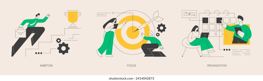 Setting big goal abstract concept vector illustration set. Business ambition, focus on success, self-organization ability, training personal skill, leadership, making fast career abstract metaphor.