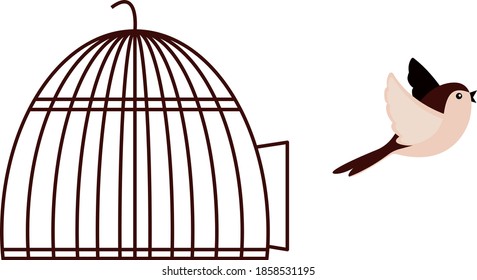 setting a bird free from its cage vector illustration, inspirational and motivational concept of freedom and escape, brown colors