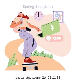 Definição do conceito de limites. Mulher em um skate desliga um laptop, promovendo o equilíbrio entre a vida profissional e a vida privada e desconectando-se de dispositivos digitais.