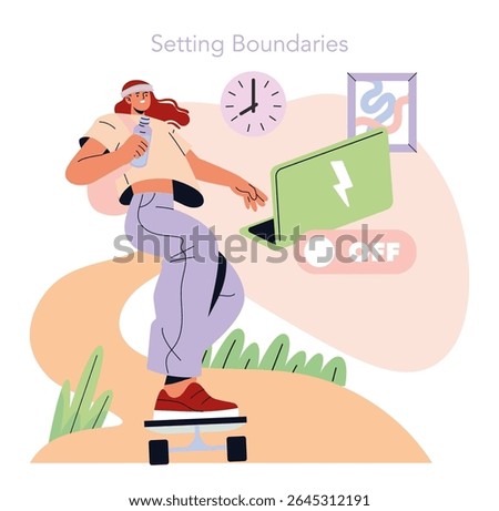 Setting Boundaries Concept. Woman on a skateboard switches off a laptop, promoting work-life balance and disconnecting from digital devices.