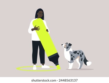 Setting Boundaries in Training With a Border Collie, A trainer establishes a metaphorical perimeter with a bright line during an obedience session with an attentive dog