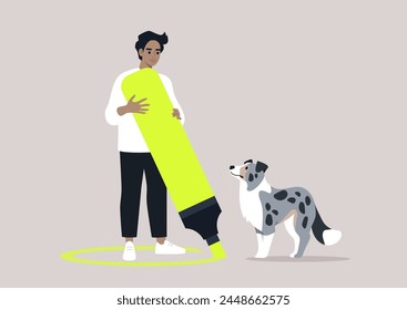 Setting Boundaries in Training With a Border Collie, A trainer establishes a metaphorical perimeter with a bright line during an obedience session with an attentive dog