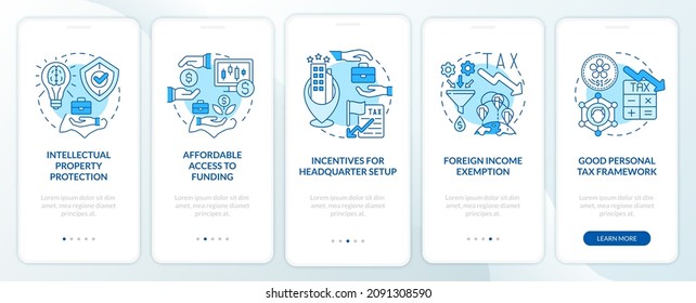 Setting up business in asian country blue onboarding mobile app screen. Walkthrough 5 steps graphic instructions pages with linear concepts. UI, UX, GUI template. Myriad Pro-Bold, Regular fonts used