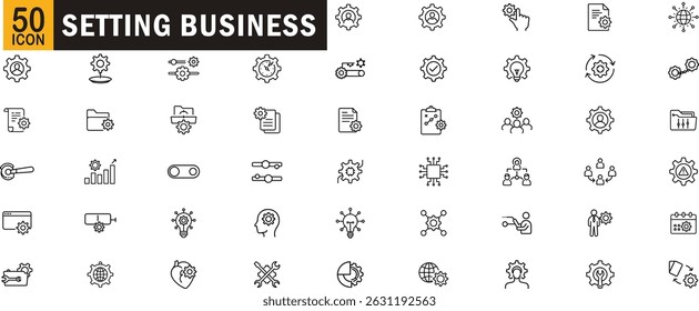 Setting business editable outline icon set. Configuration, management, workflow, optimization, tools and more.
