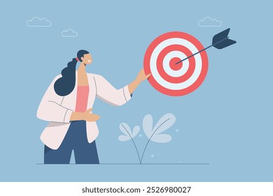 Setting business goals, Creating inspiration or effective strategies, Create the expectation of winning and the ambition of the organization, Businesswoman with target and arrow in center. Vector.
