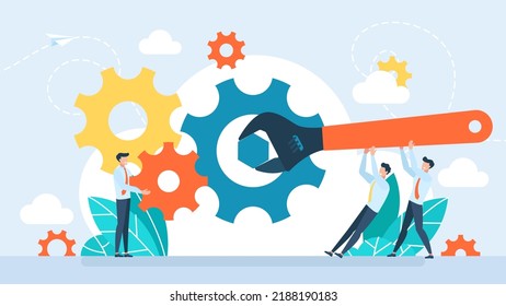 Setting up the business mechanism. Strategy analysis. Tiny people links of mechanism, business mechanism, abstract background with gears, people are engaged in business promotion. Vector illustration