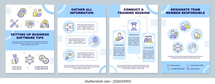 Setting up business software tips blue brochure template. Leaflet design with linear icons. Editable 4 vector layouts for presentation, annual reports. Arial-Black, Myriad Pro-Regular fonts used
