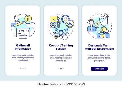 Setting up business software tips onboarding mobile app screen. Brand walkthrough 3 steps editable graphic instructions with linear concepts. UI, UX, GUI template. Myriad Pro-Bold, Regular fonts used