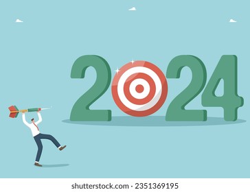 Setting business target for new year 2024, developing strategy or plan to achieve financial goals or results in work, striving or motivating for success in new year, man throws dart at board for 2024.