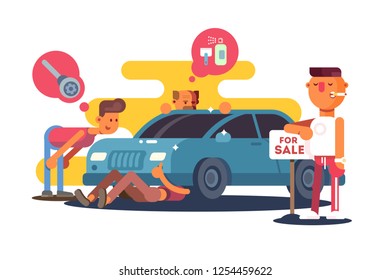 Setting car for sale vector illustration. Men inspecting technical condition of automobile flat style concept. Smoking boy standing at nameplate for sale