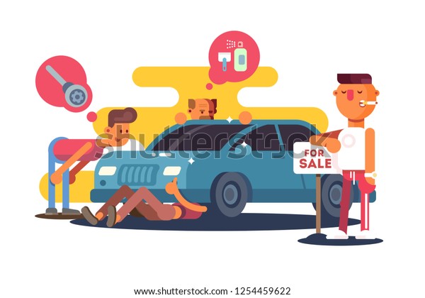 Setting car for sale vector\
illustration. Men inspecting technical condition of automobile flat\
style concept. Smoking boy standing at nameplate for\
sale